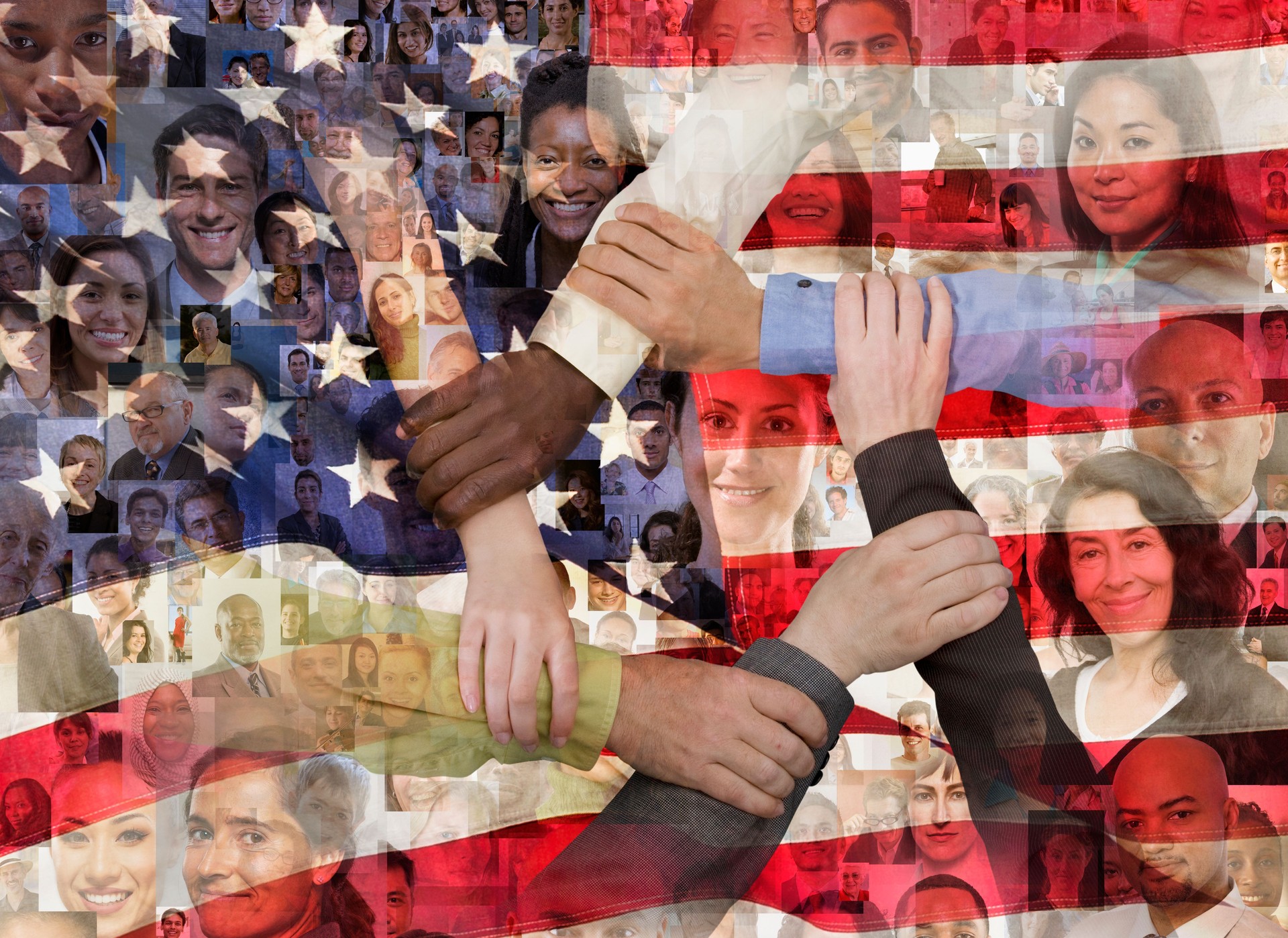 Business people link arms across American flag